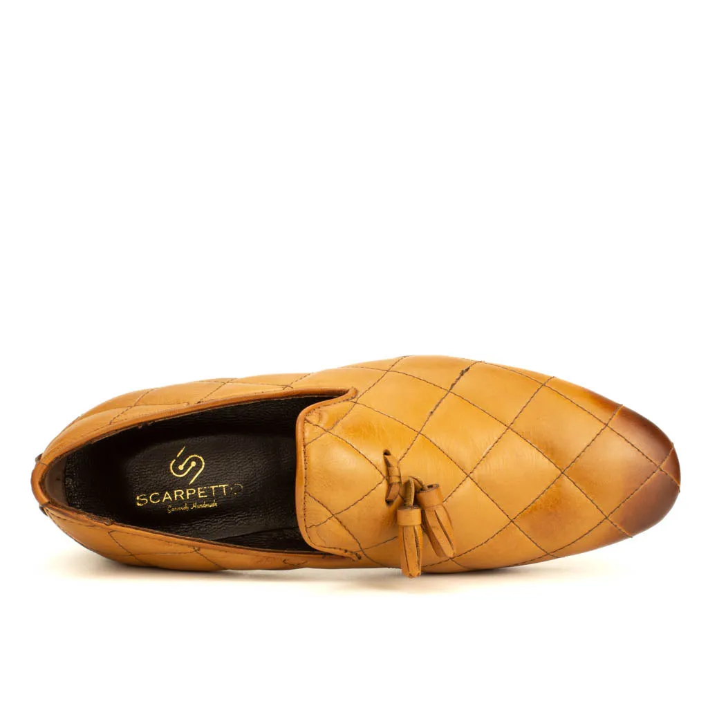 Premium Quilted Leather Tassel Loafers in Brown