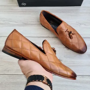 Premium Quilted Leather Tassel Loafers in Brown