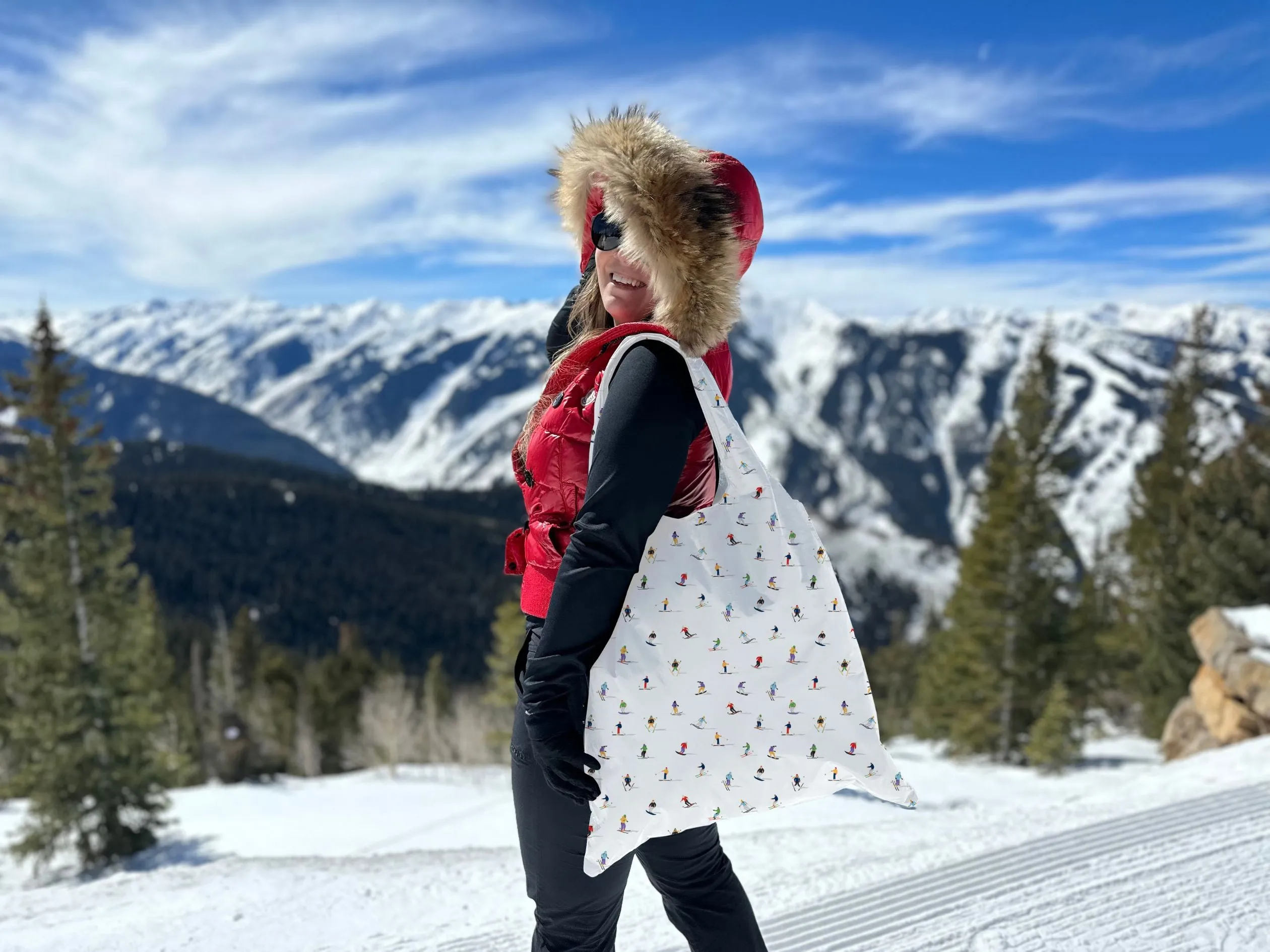 "Ski Condo to Ski Slope" Set of Two - Carryall and Puffer Fanny Pack in Dancing Skiers