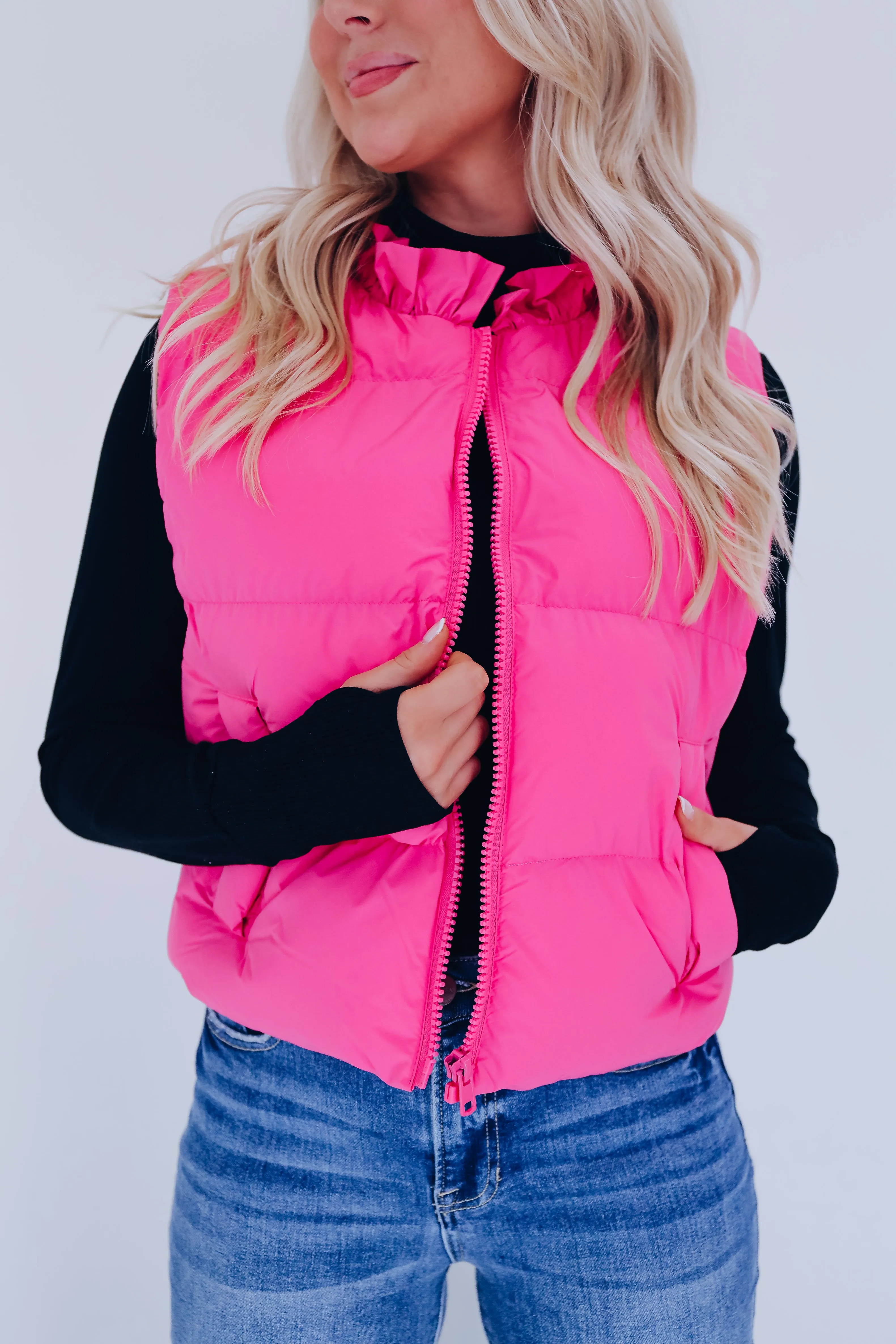 Rad Ruffle Neck Puffer Vest - Pink