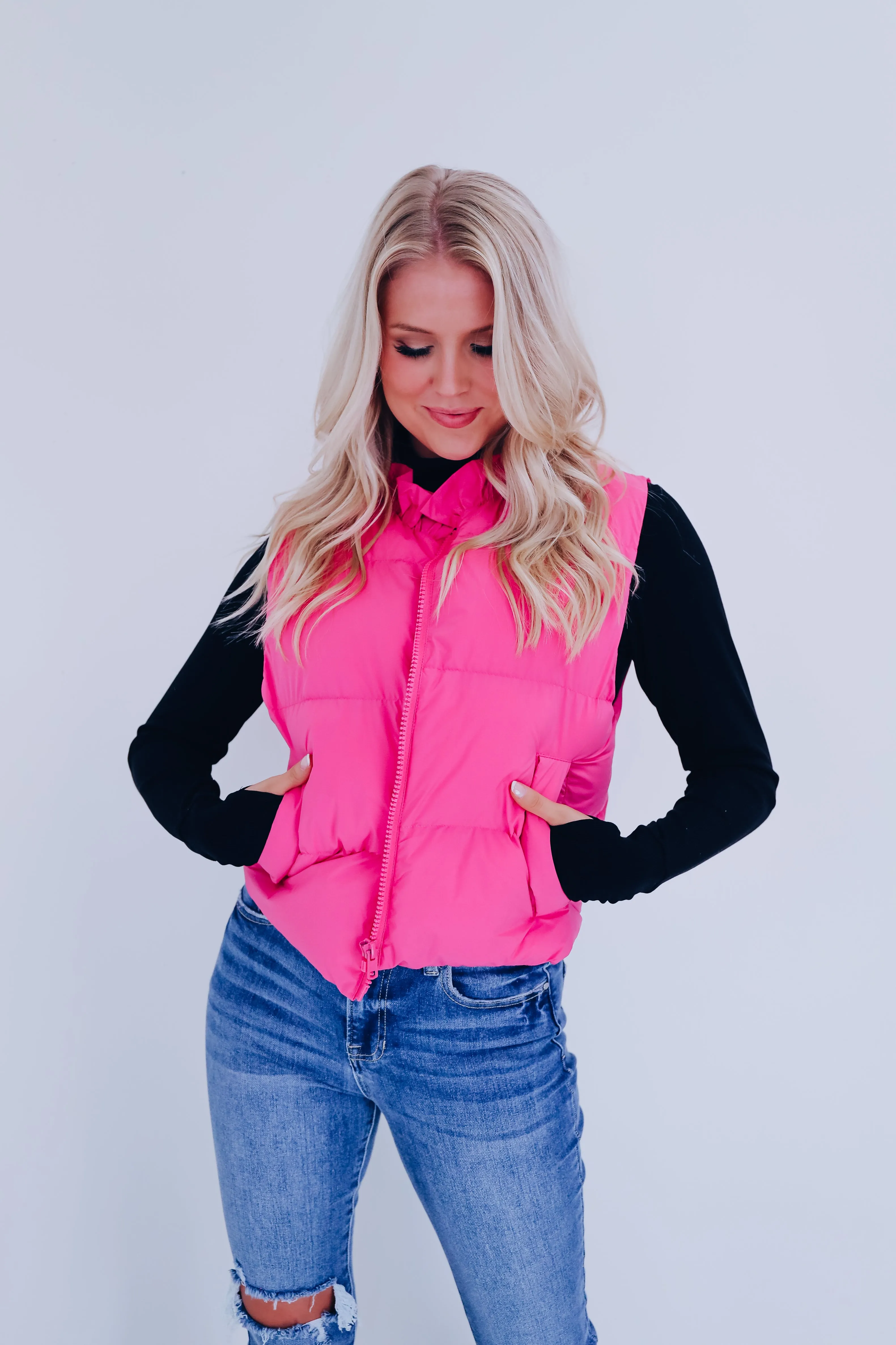 Rad Ruffle Neck Puffer Vest - Pink