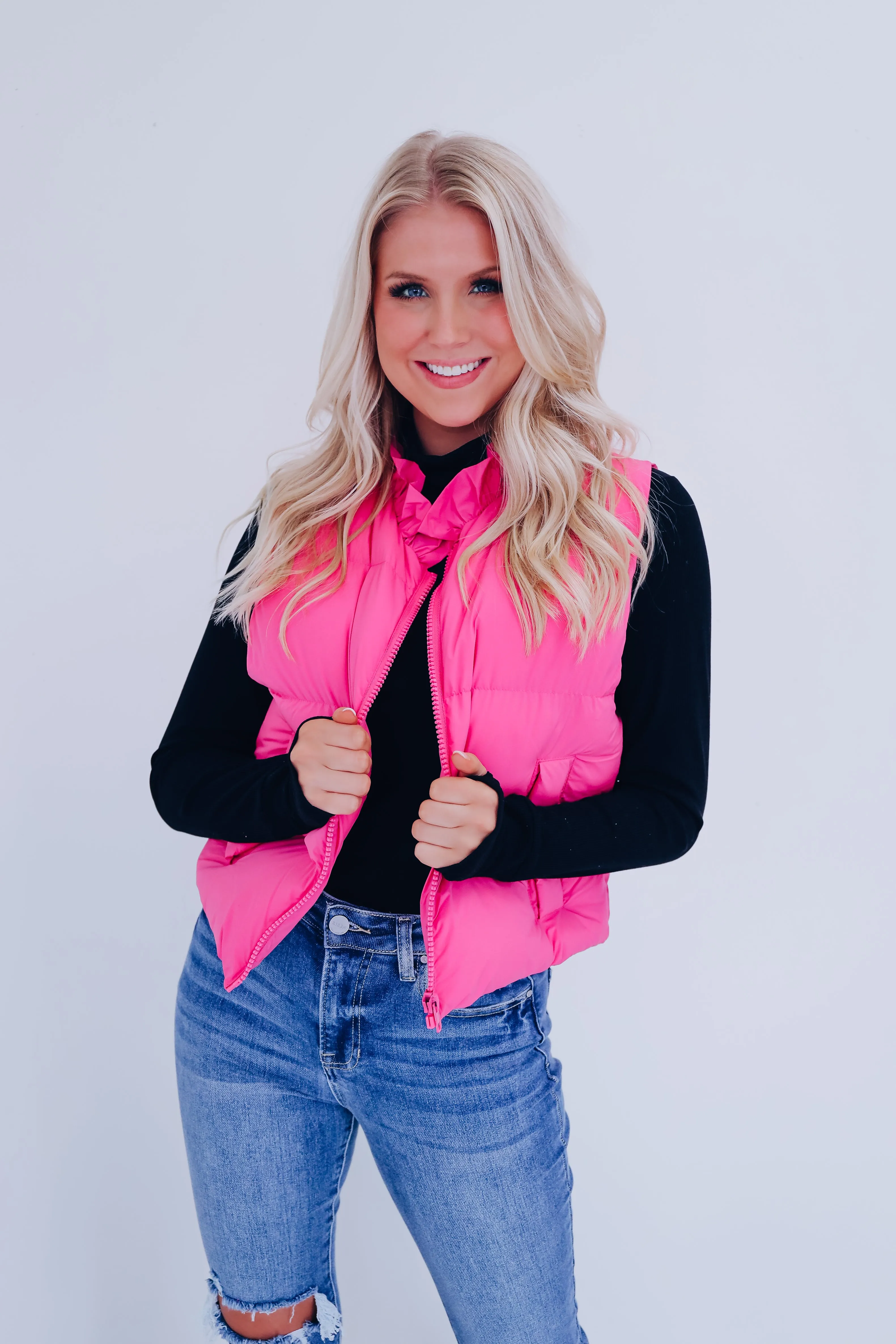 Rad Ruffle Neck Puffer Vest - Pink