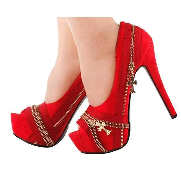 Red Cross Platform Peep Toe Dress Shoes