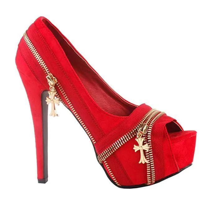 Red Cross Platform Peep Toe Dress Shoes