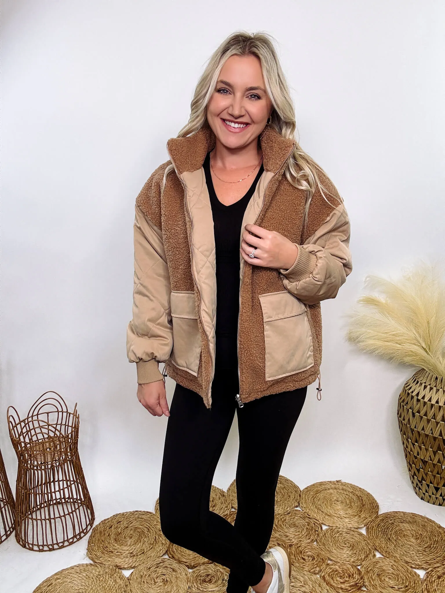 Reversible Sherpa Quilted Puffer Jacket in Taupe Camel