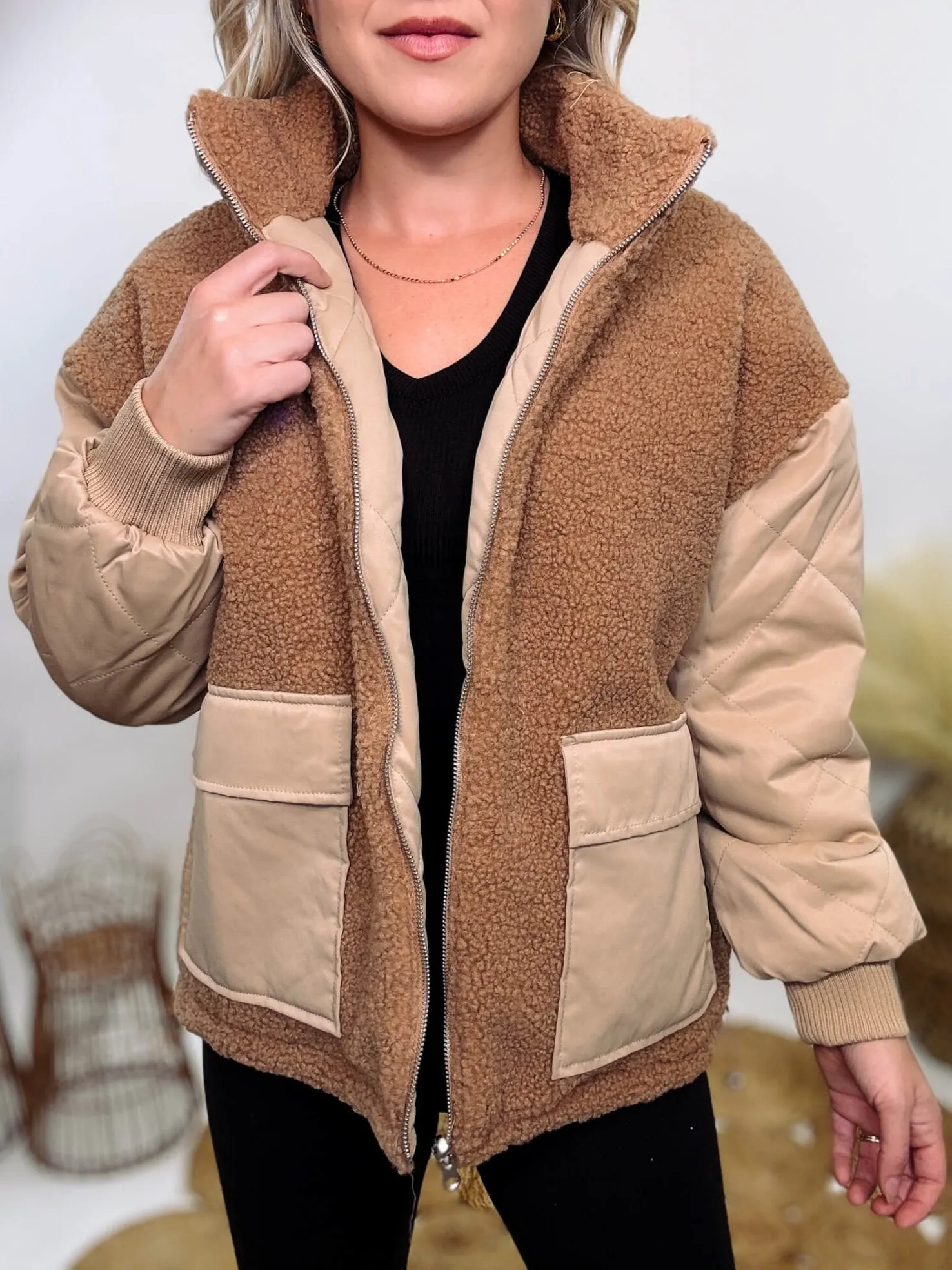 Reversible Sherpa Quilted Puffer Jacket in Taupe Camel