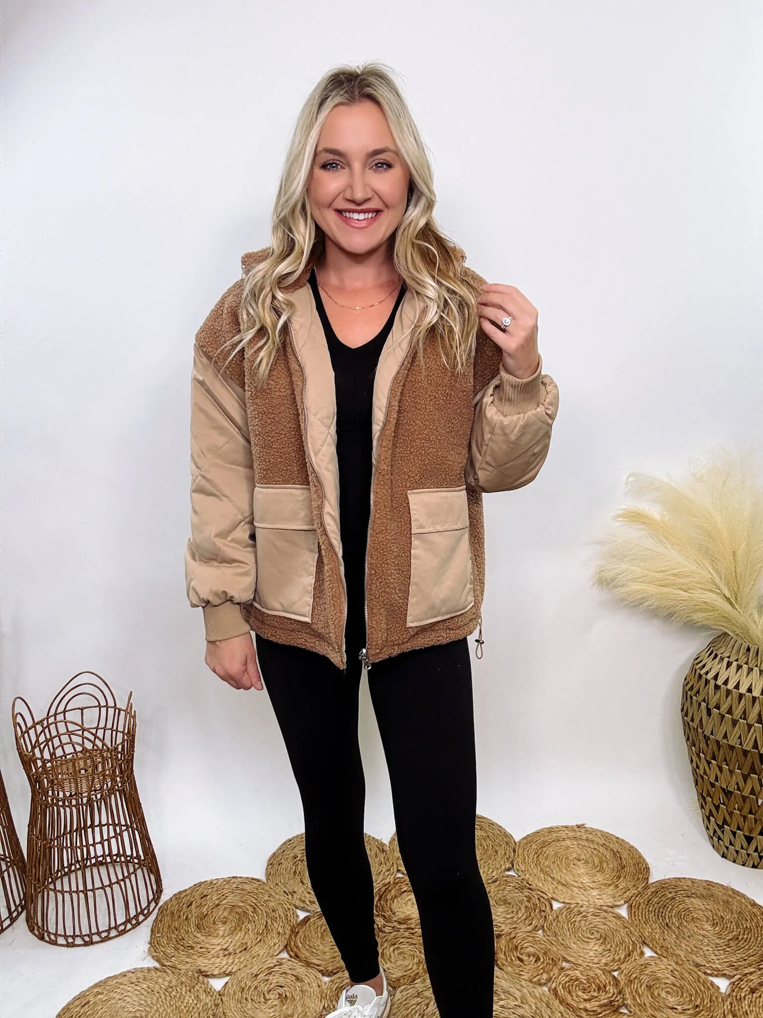 Reversible Sherpa Quilted Puffer Jacket in Taupe Camel