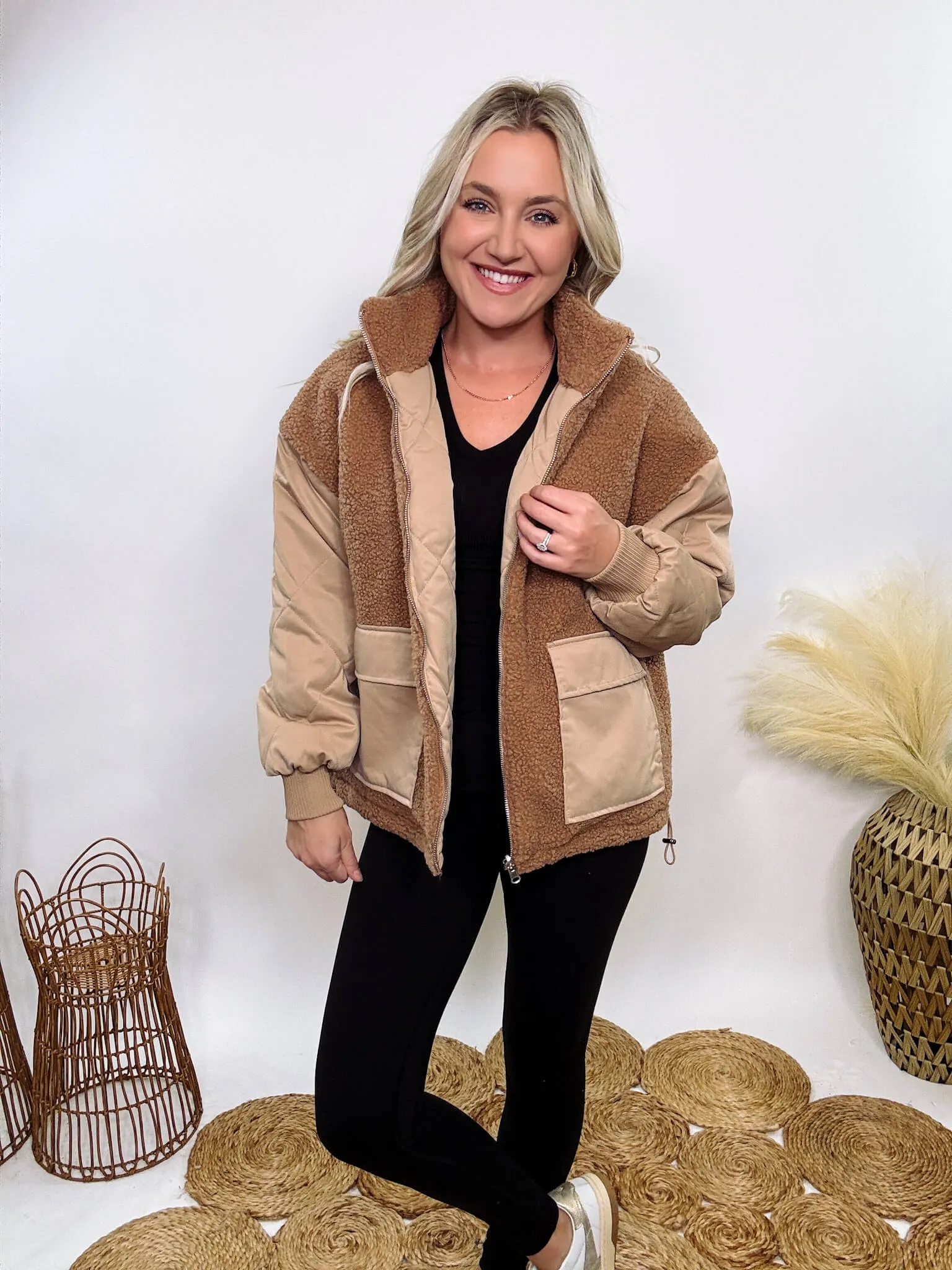 Reversible Sherpa Quilted Puffer Jacket in Taupe Camel