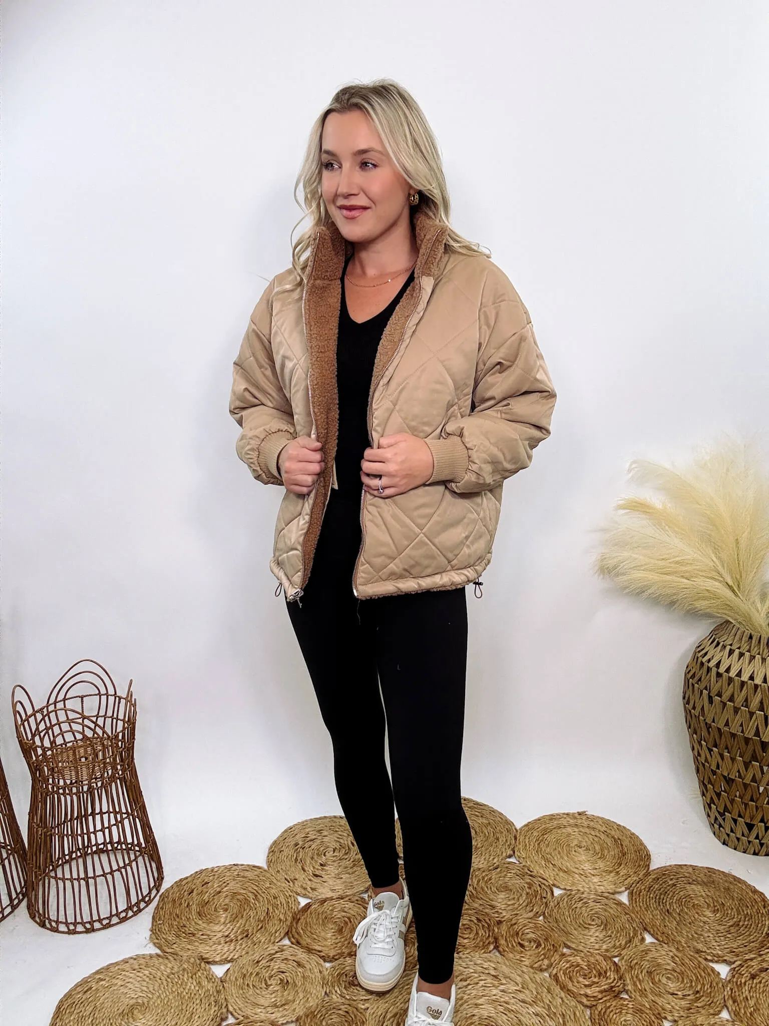 Reversible Sherpa Quilted Puffer Jacket in Taupe Camel