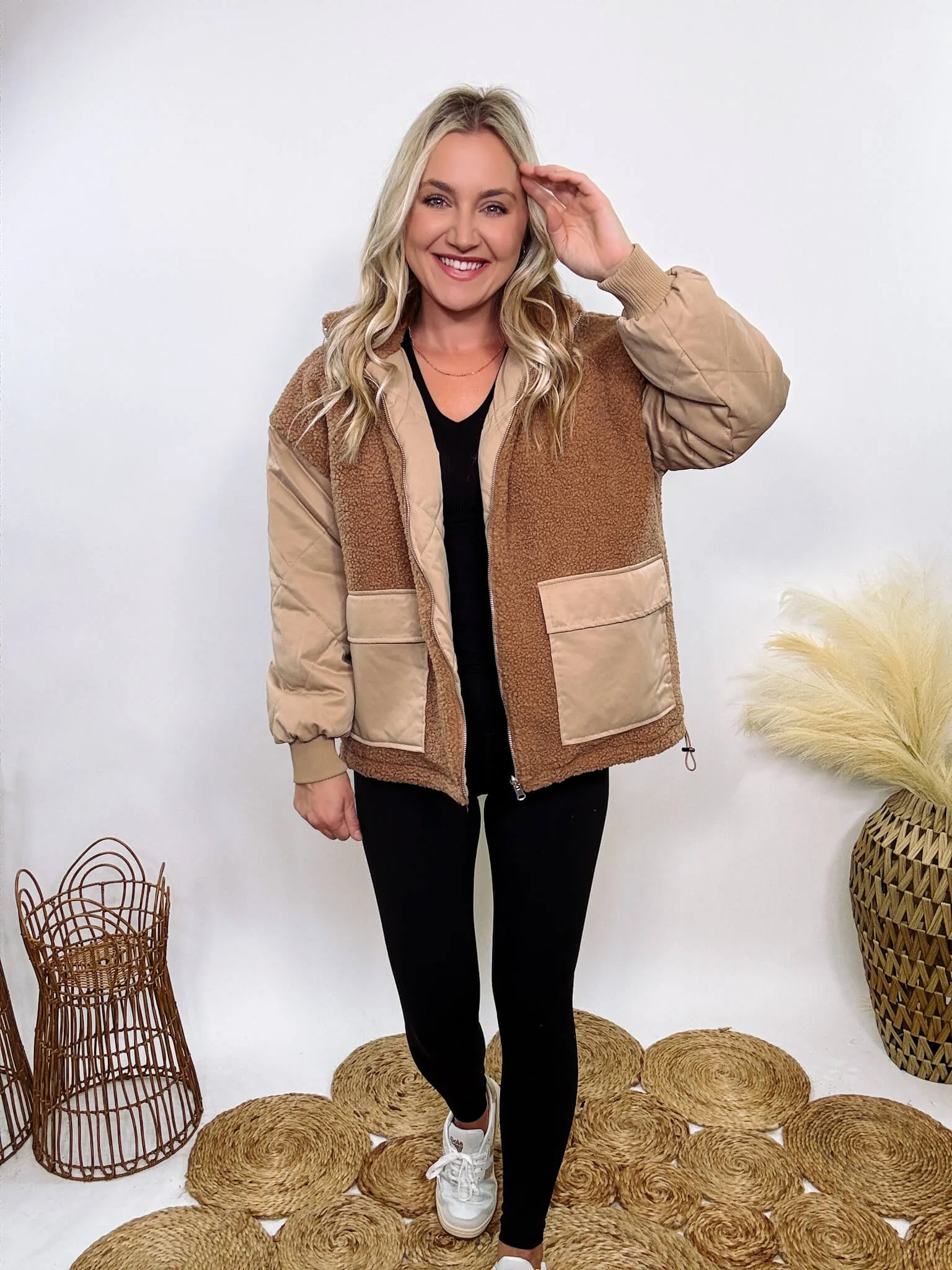 Reversible Sherpa Quilted Puffer Jacket in Taupe Camel