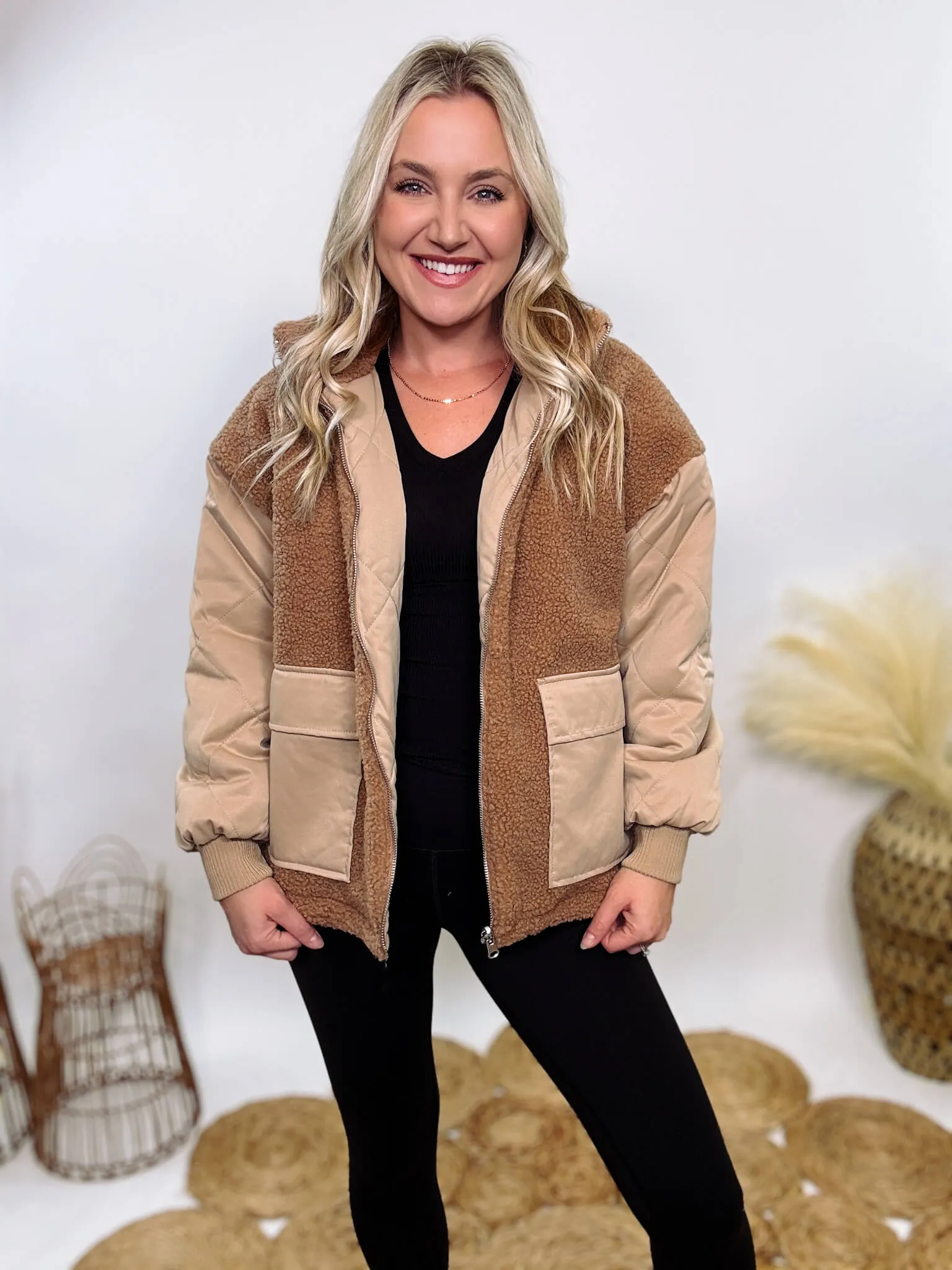 Reversible Sherpa Quilted Puffer Jacket in Taupe Camel