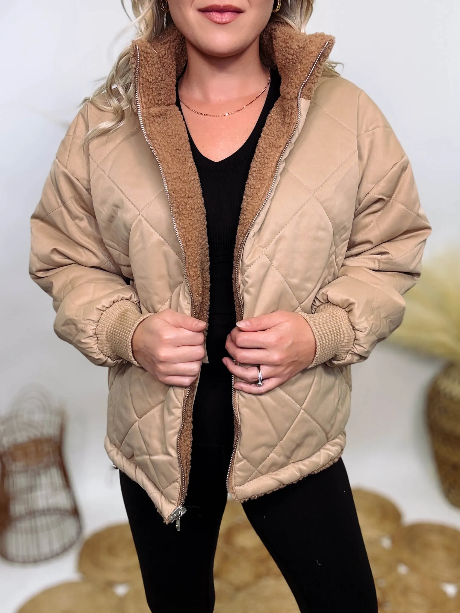 Reversible Sherpa Quilted Puffer Jacket in Taupe Camel