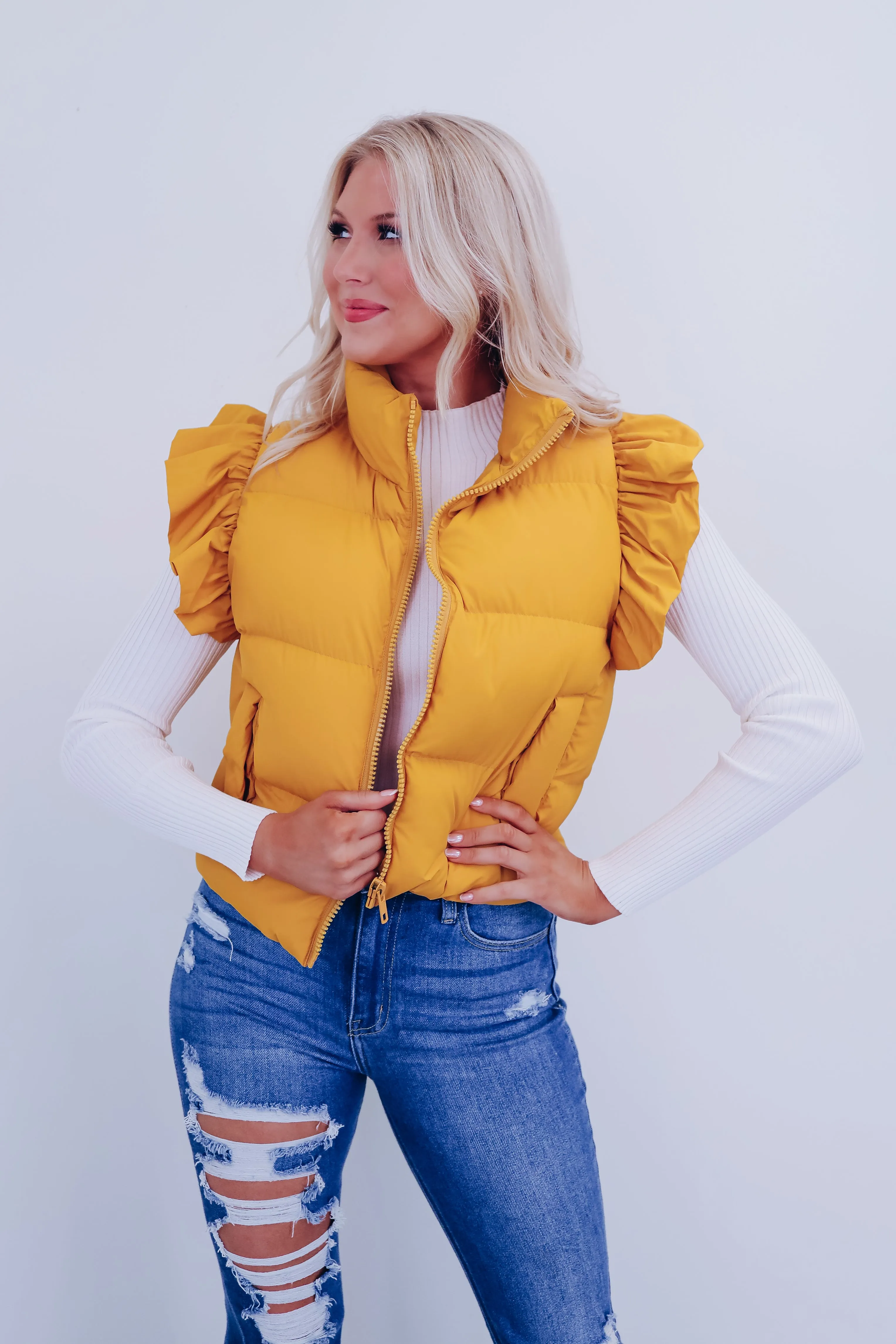 Rio Ruffle Sleeve Puffer Vest - Mustard