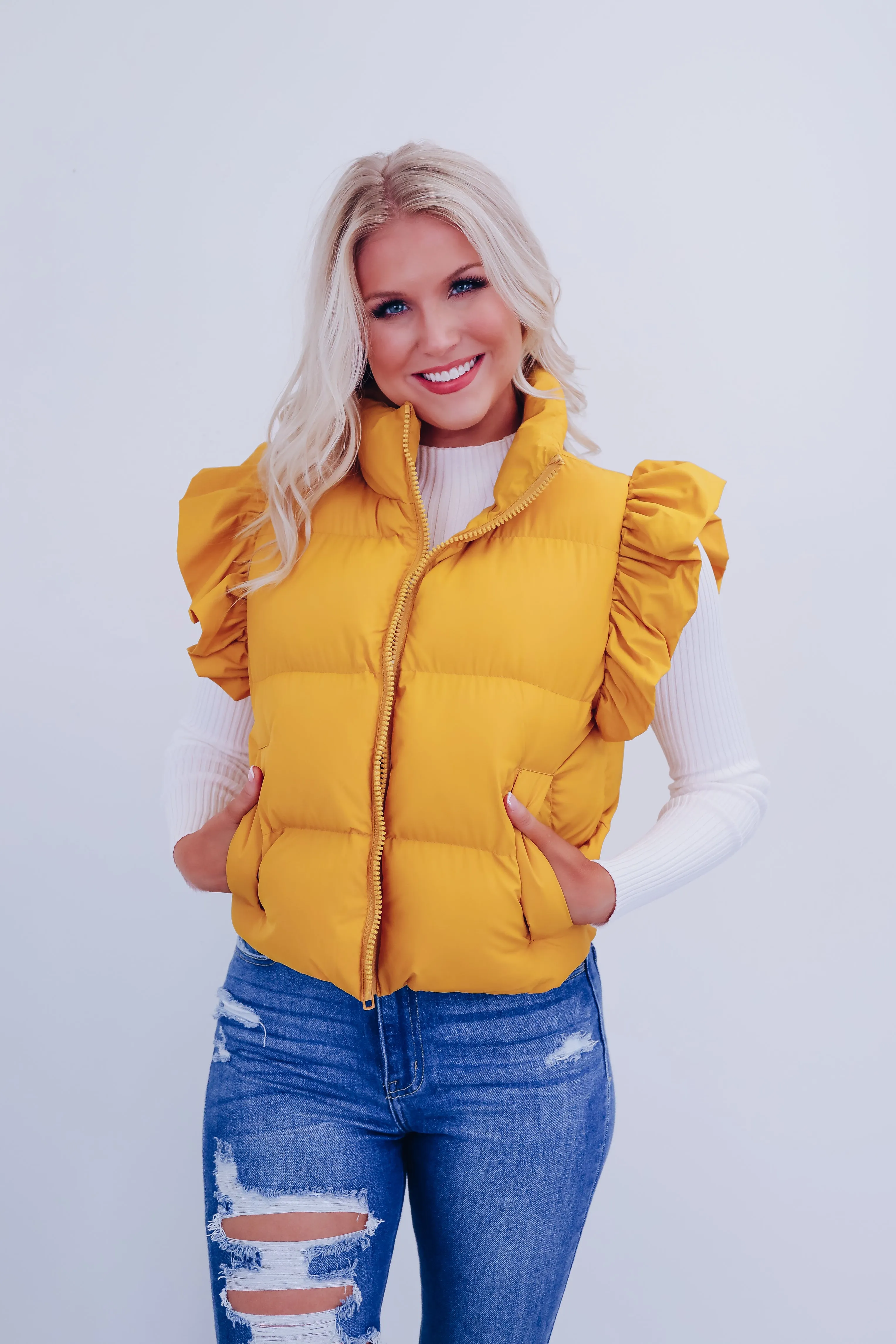 Rio Ruffle Sleeve Puffer Vest - Mustard