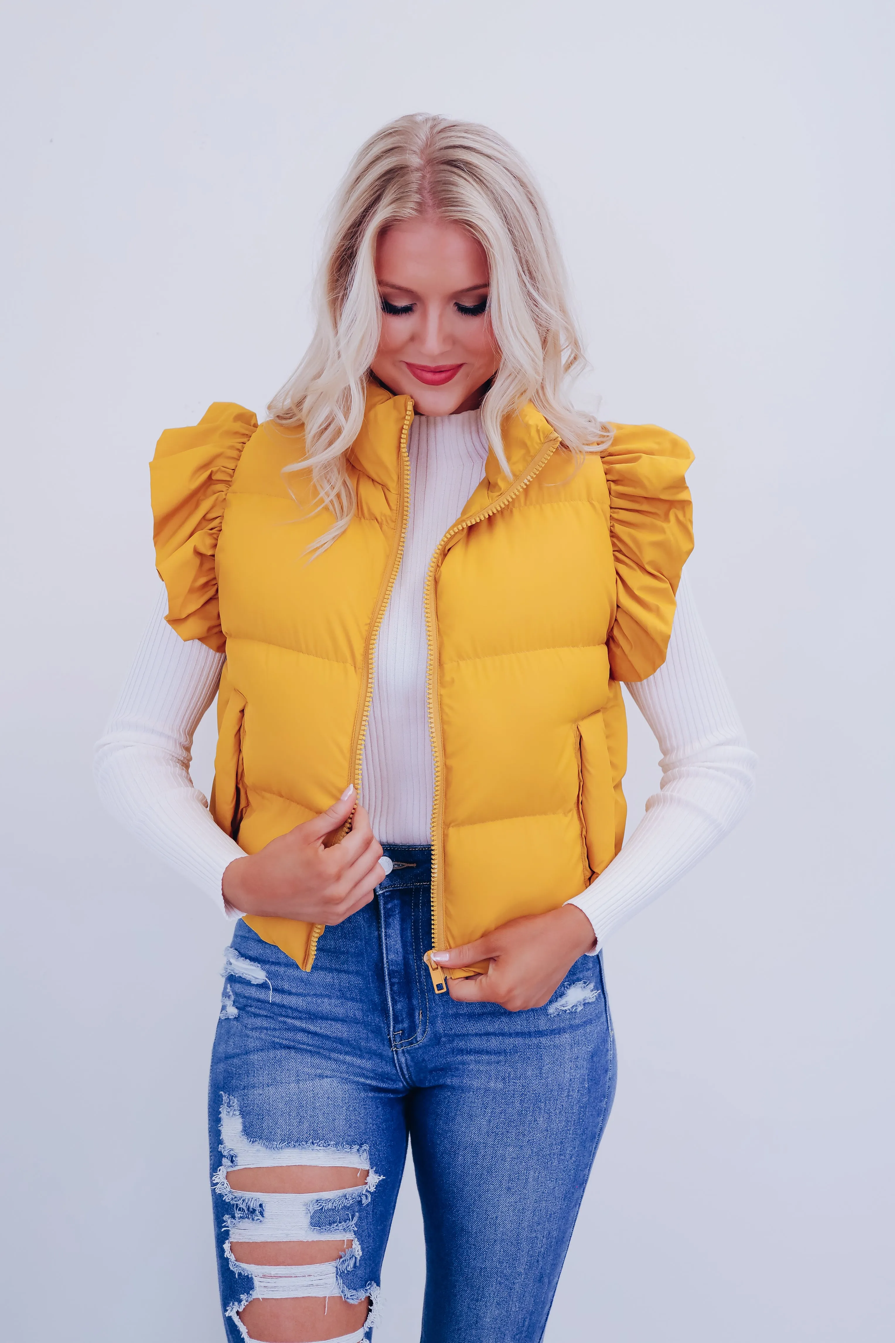 Rio Ruffle Sleeve Puffer Vest - Mustard