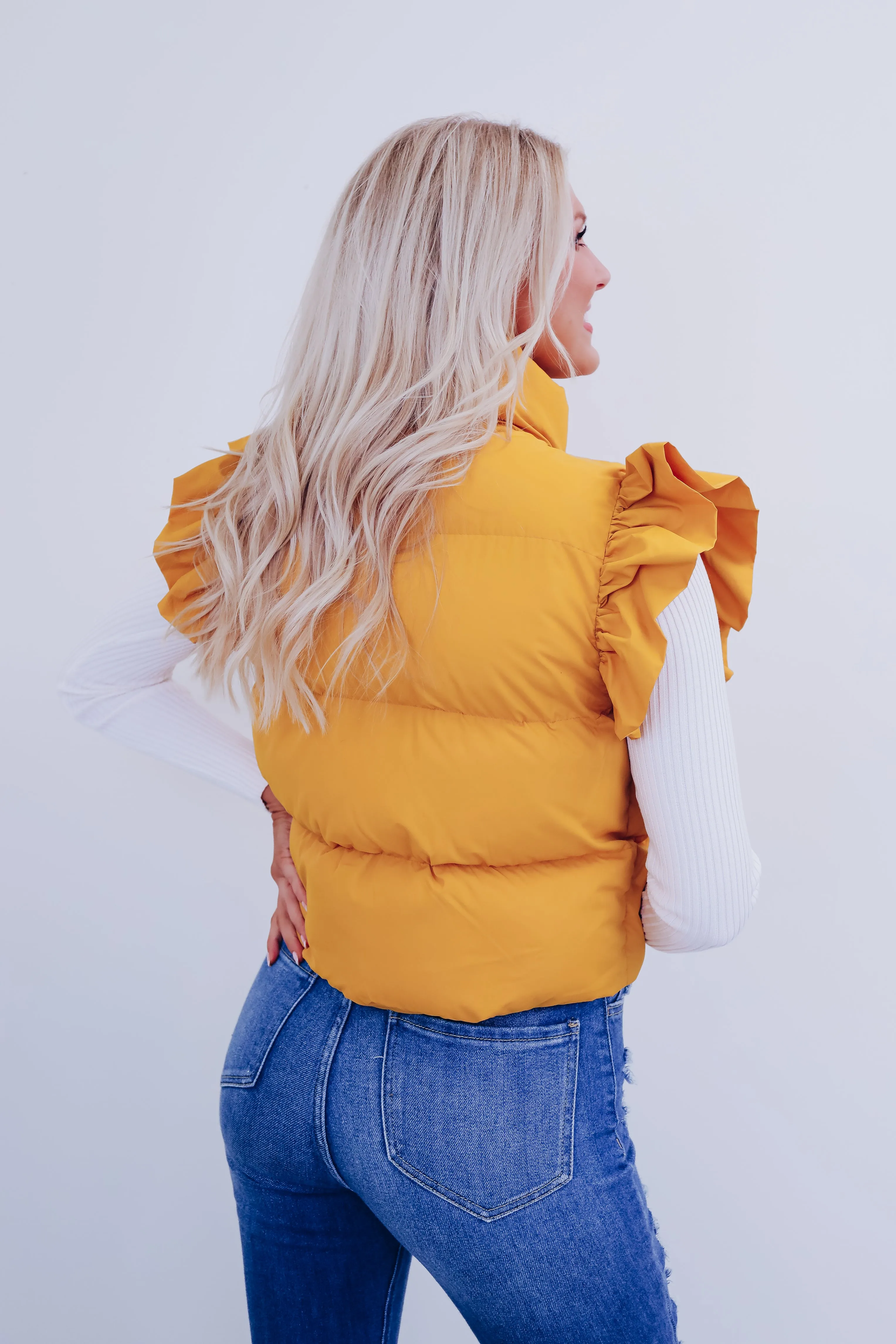 Rio Ruffle Sleeve Puffer Vest - Mustard