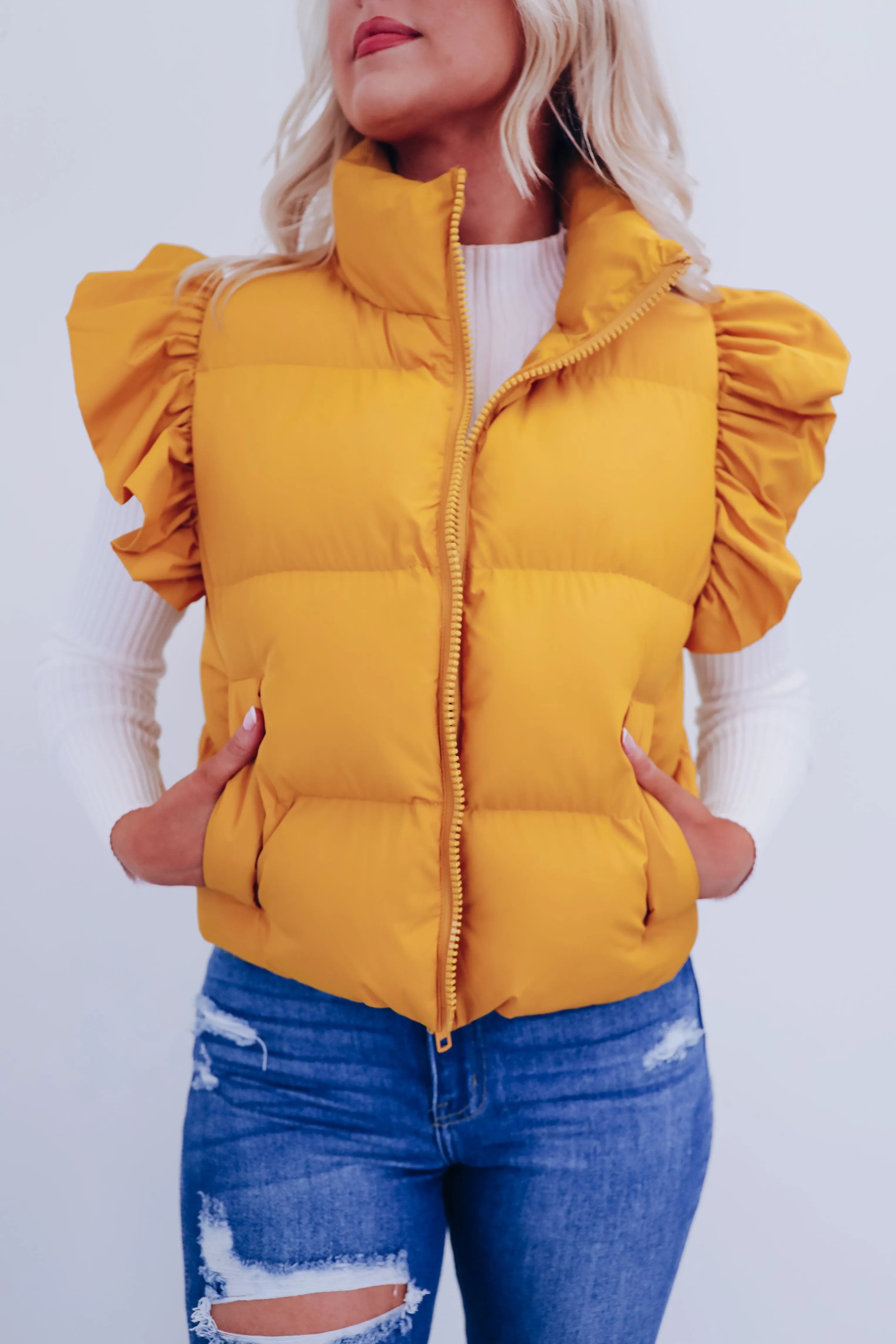 Rio Ruffle Sleeve Puffer Vest - Mustard