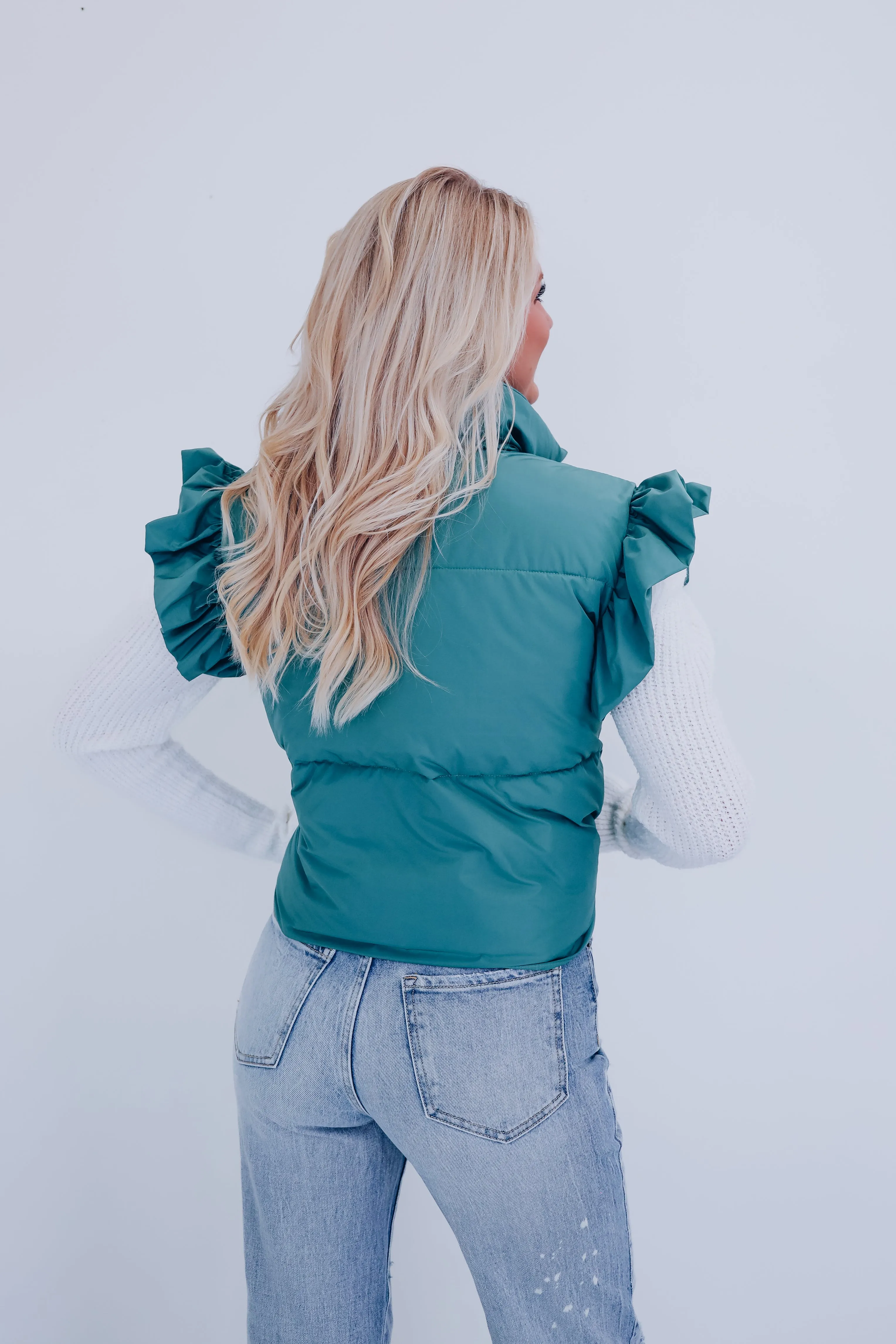 Rory Ruffle Sleeve Puffer Vest - Sage