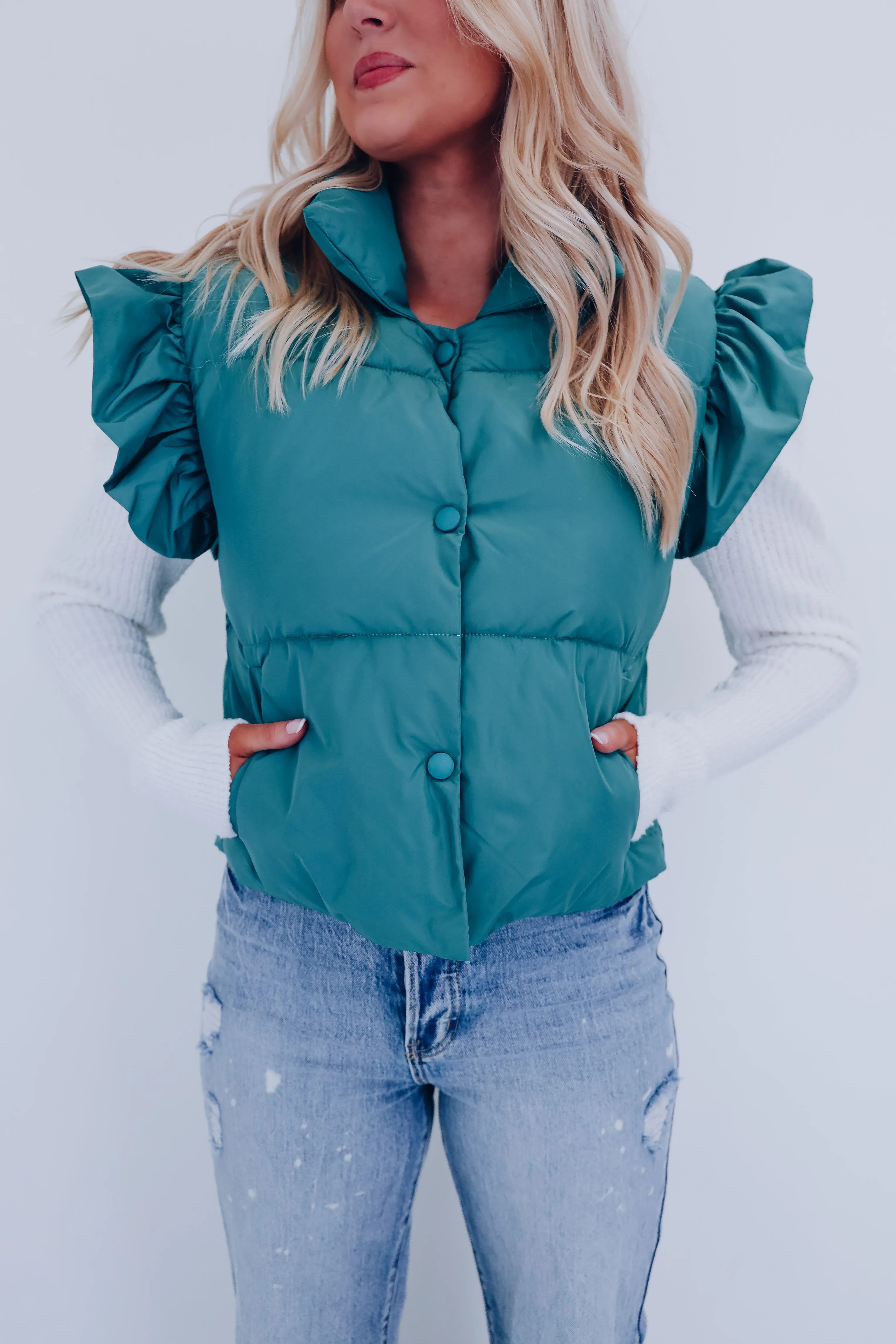 Rory Ruffle Sleeve Puffer Vest - Sage