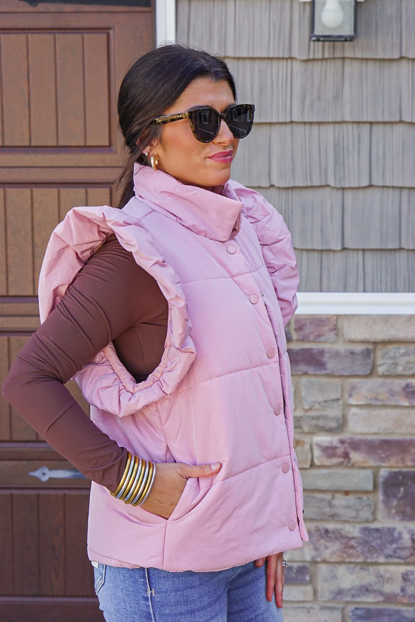 Ruffled Puffer Blush Quilted Vest