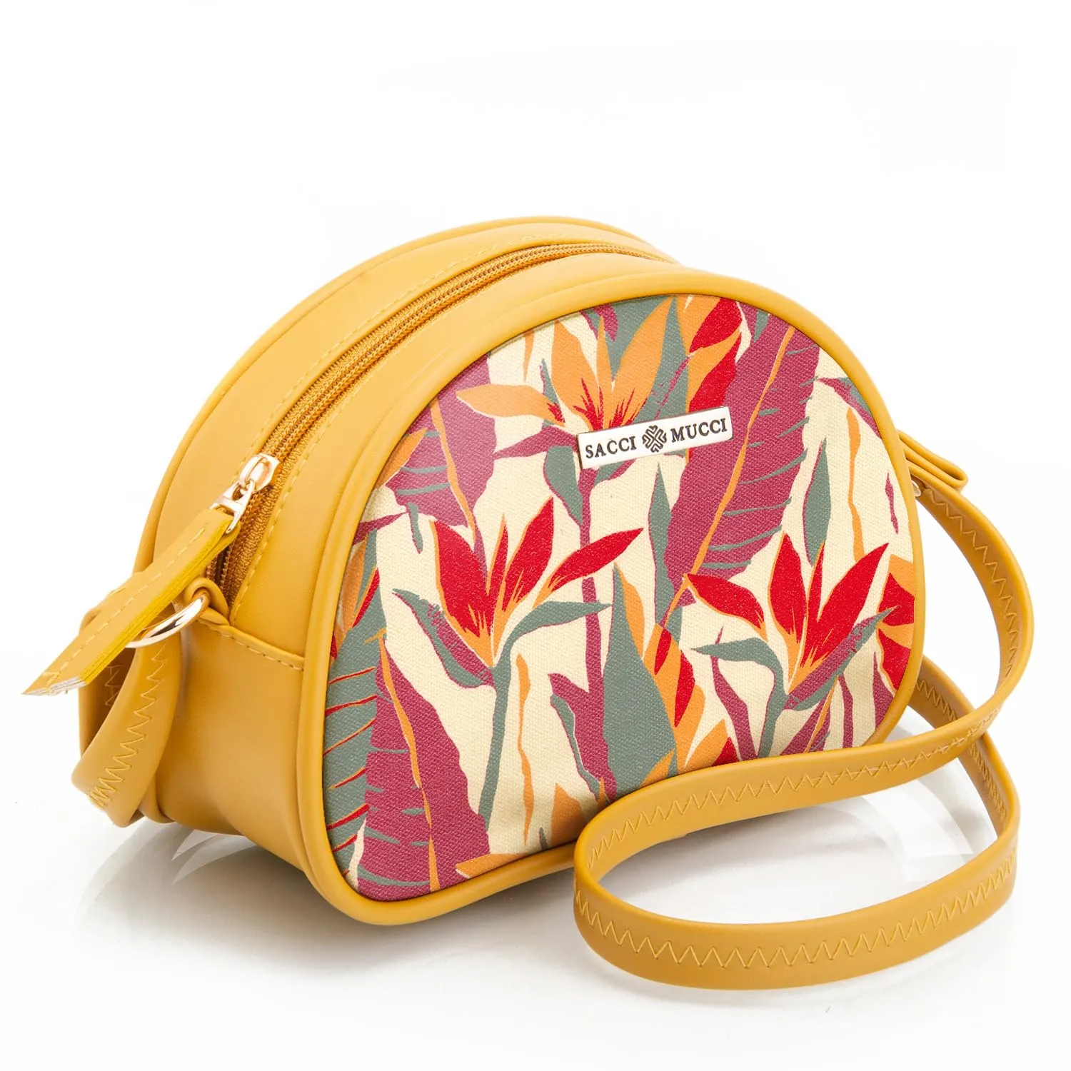 SACCI MUCCI Sling Crossbody Bag for Girls and Women | Made with Durable Vegan Leather and Handprinted Canvas Material | Zip Closure- Exotic Jungle (Mustard)