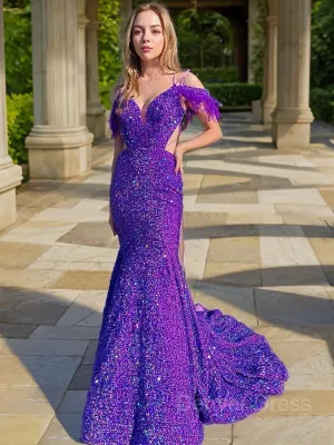 Sheath V-neck Court Train Velvet Sequins Prom Dresses