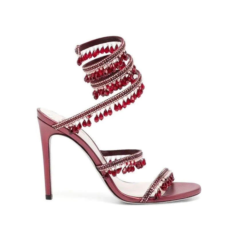 Snake Wrapped Rhinestone Tassel Open Toe High-heeled Sandals