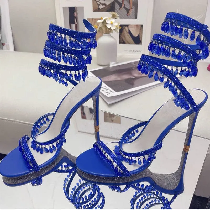 Snake Wrapped Rhinestone Tassel Open Toe High-heeled Sandals