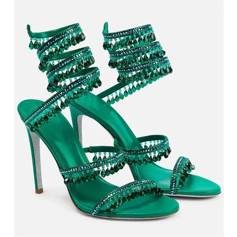 Snake Wrapped Rhinestone Tassel Open Toe High-heeled Sandals