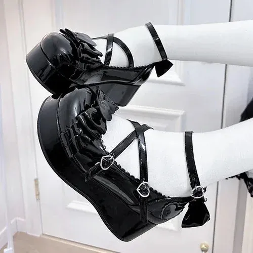 Sohiwoo Japanese Fashion Solid Color Round Toe Women High-Heeled Shoes Spring Autumn Lolita Sweet Princess Style Bow Lace-up High Heels