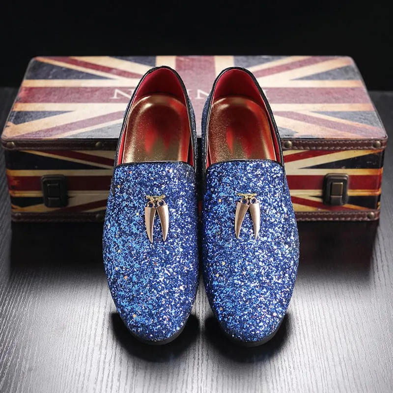 Sparkly Blue Casual Glittered Rhinestone Loafers with Tassels