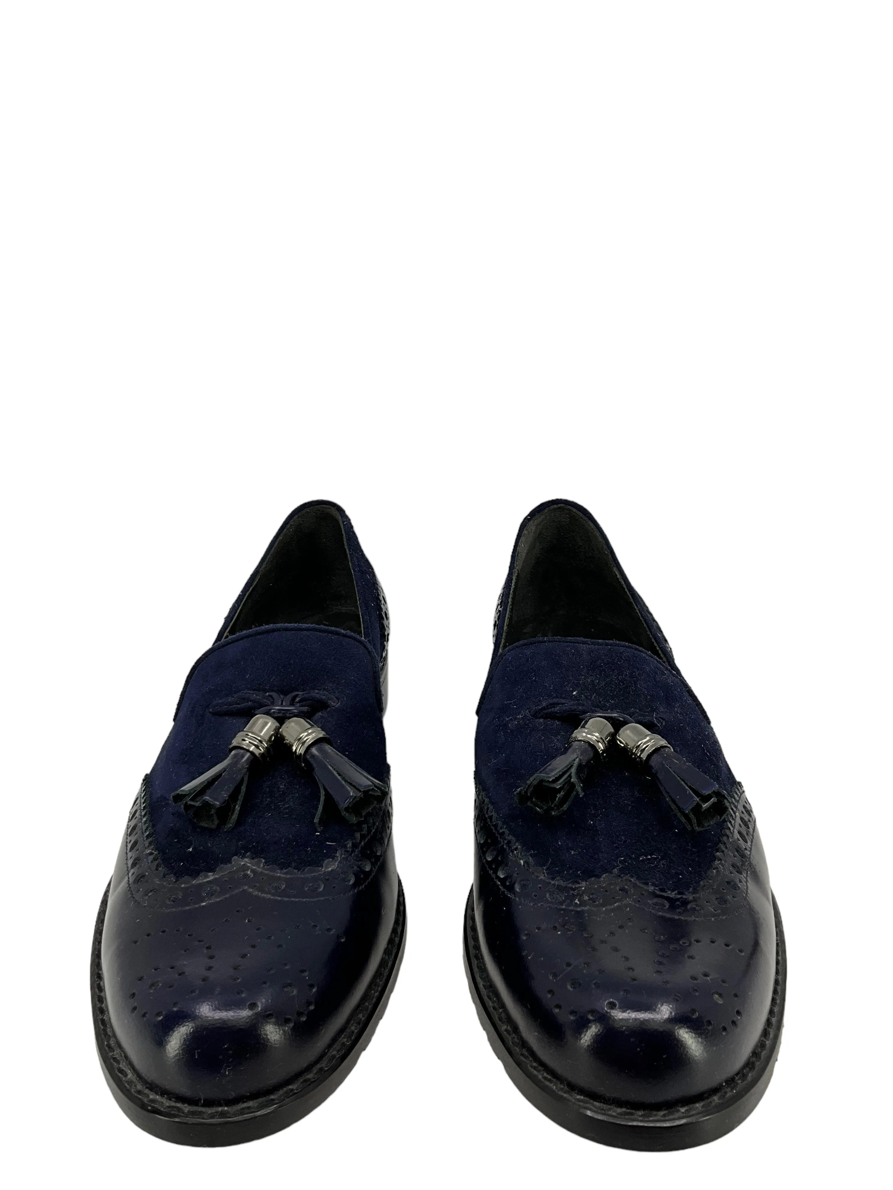 Stuart Weitzman Blue Suede and Leather Tassel Loafers Size 8