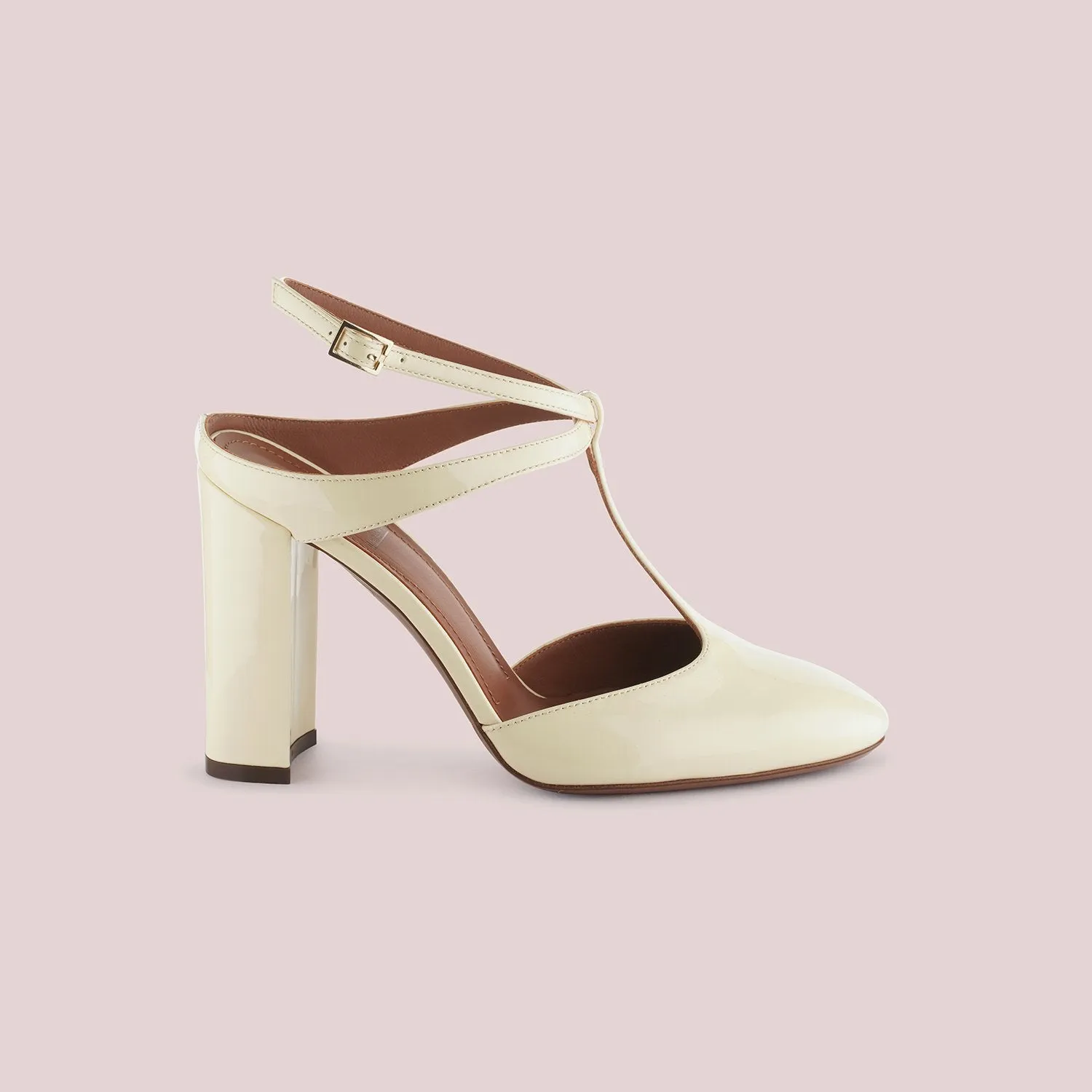 T-Bar Court Shoes In Milk White Patent Leather