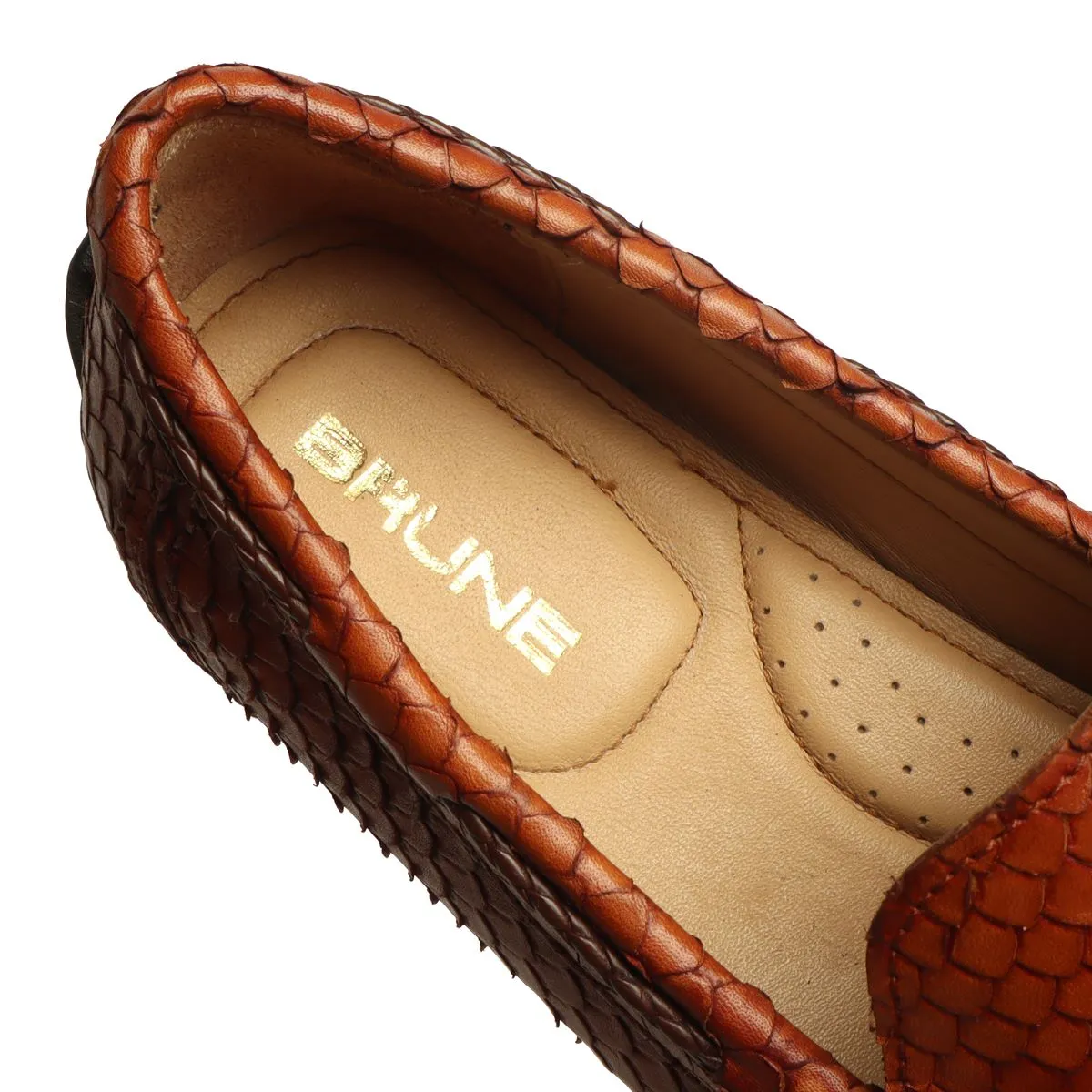 Tassel Bow Loafers Tan Snake Scales Textured Leather