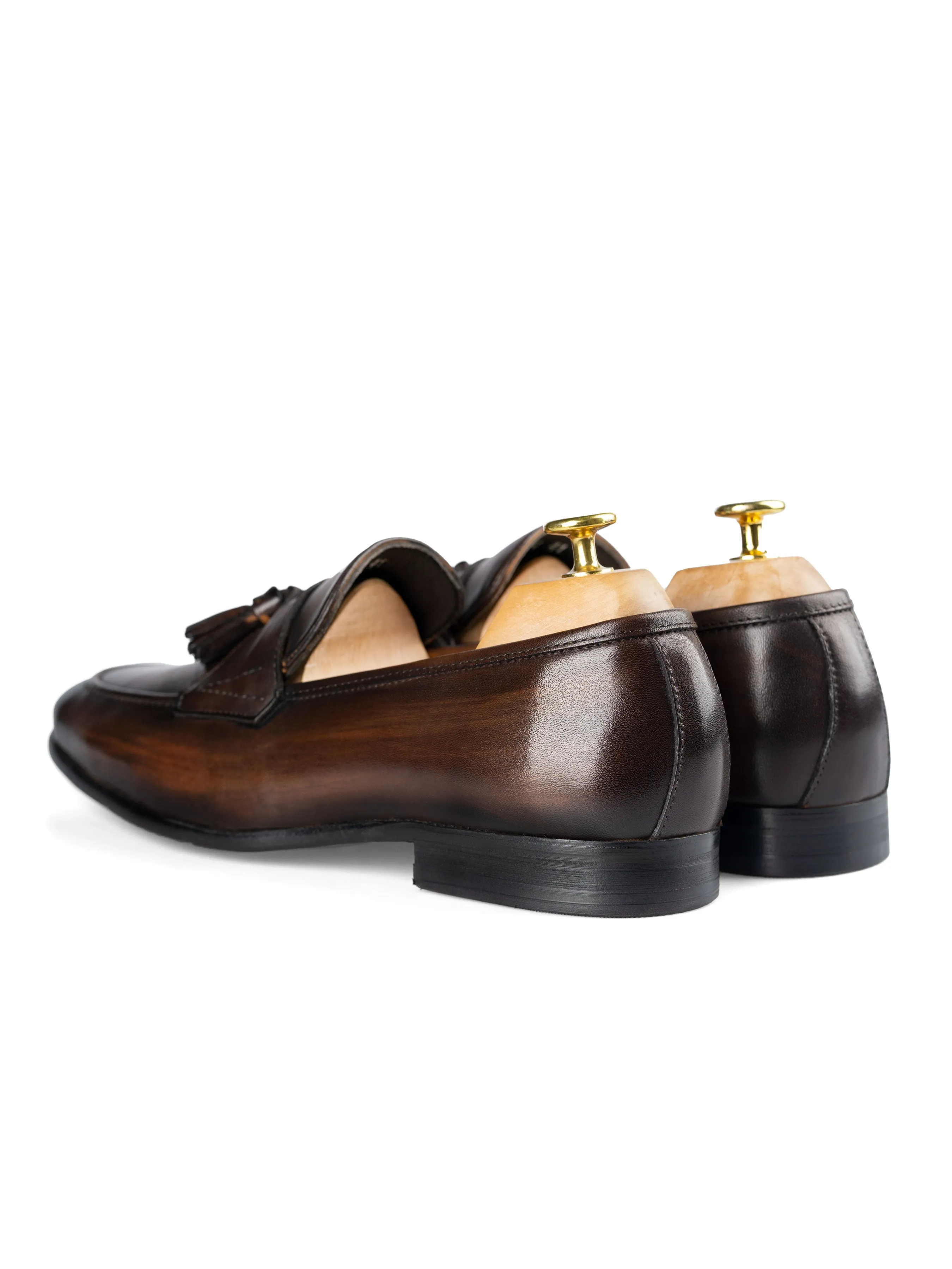 Tassel Loafer Wing Strap - Dark Brown (Hand Painted Patina)