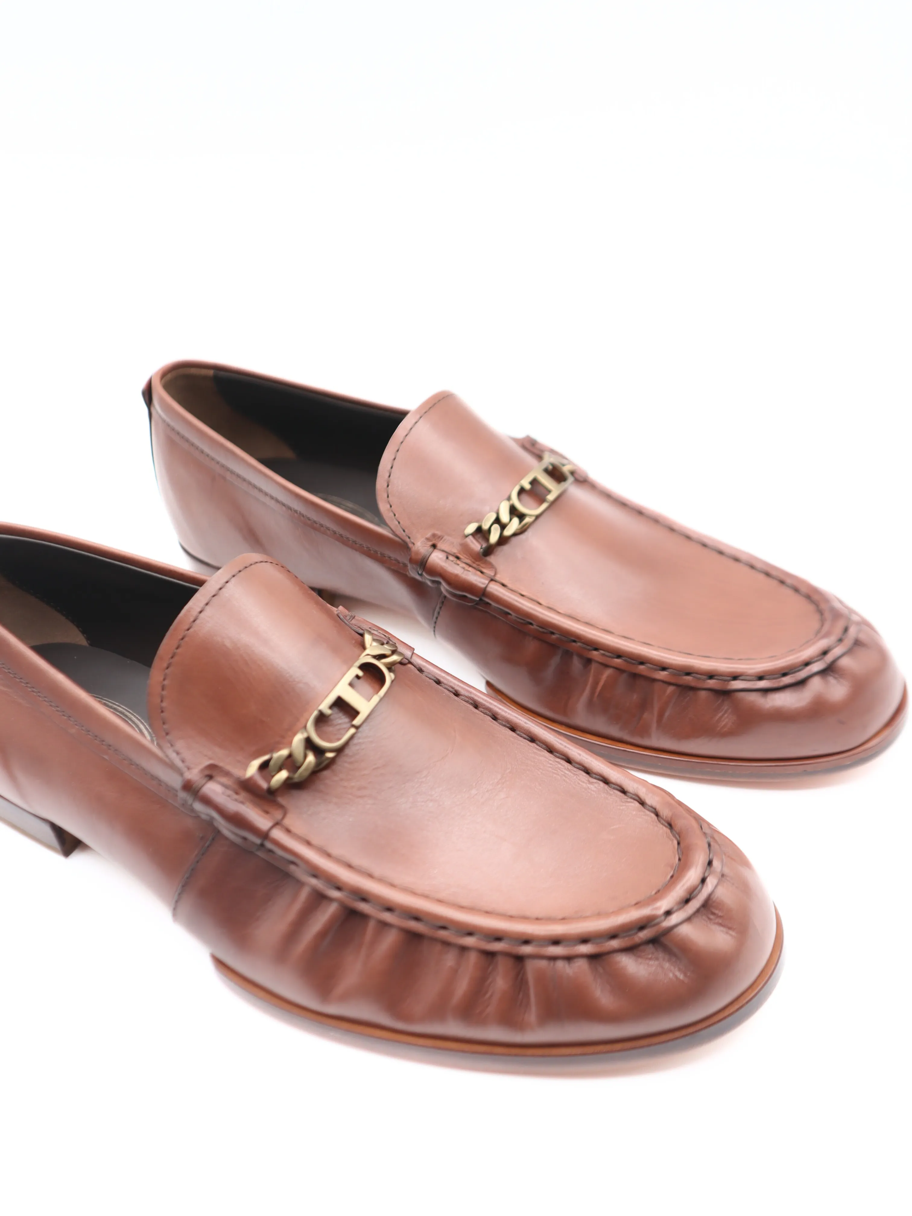 Tods Mens Ruched Riviera Light Brown Catena Gold Chain Loafer