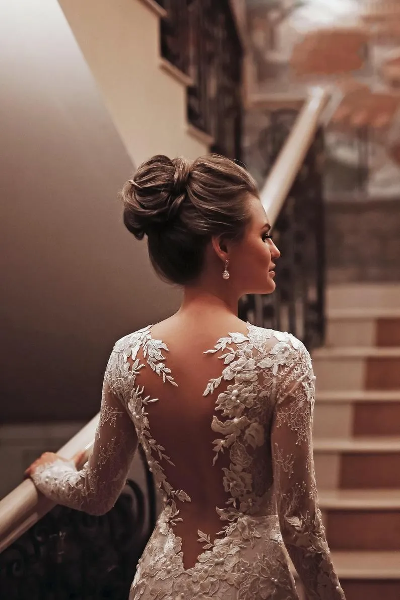 Unique Long Sleeve High Neck Backless Mermaid Wedding Dress with Lace Appliques