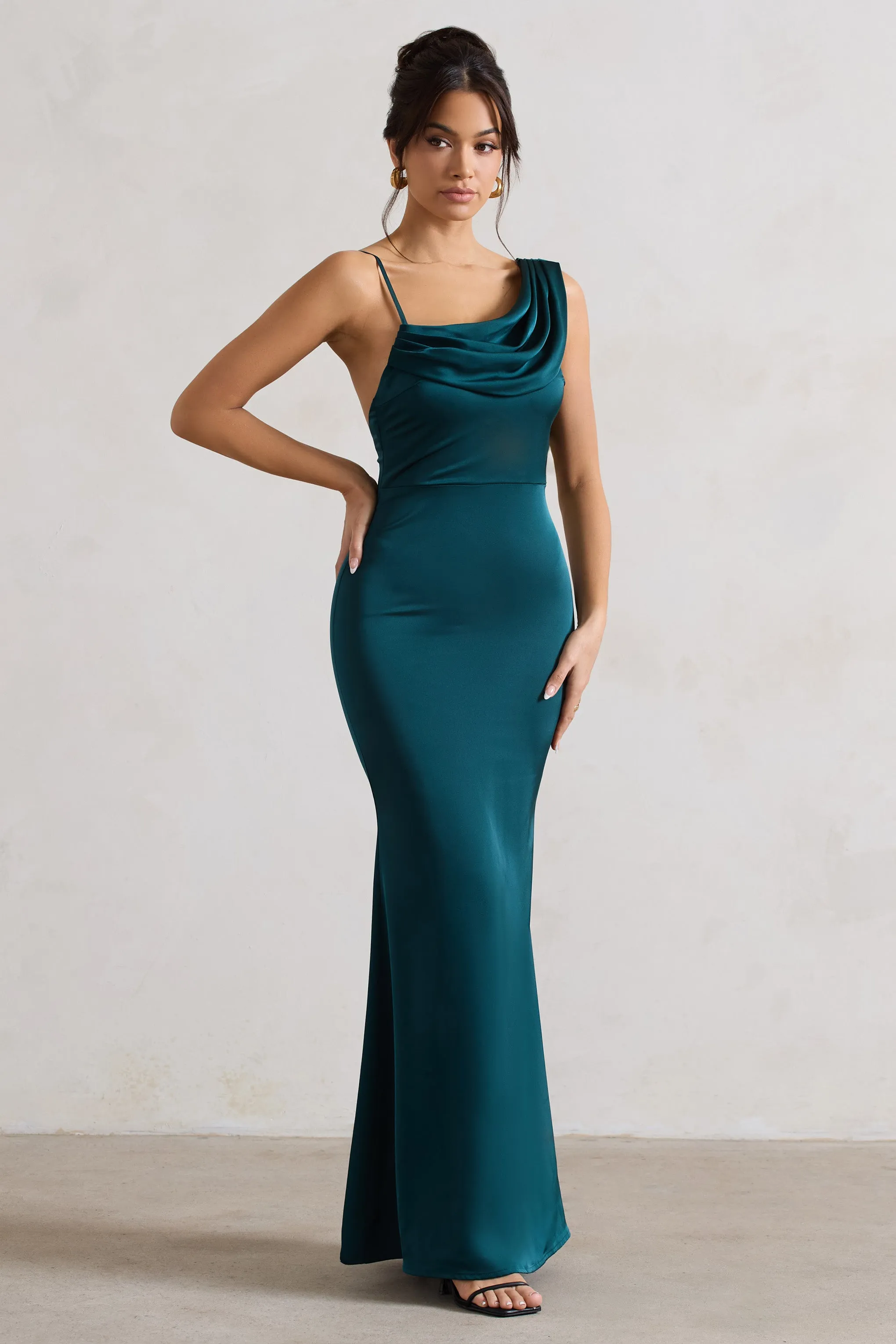 Wistful | Dark Green Satin Asymmetric Cowl-Neck Maxi Dress