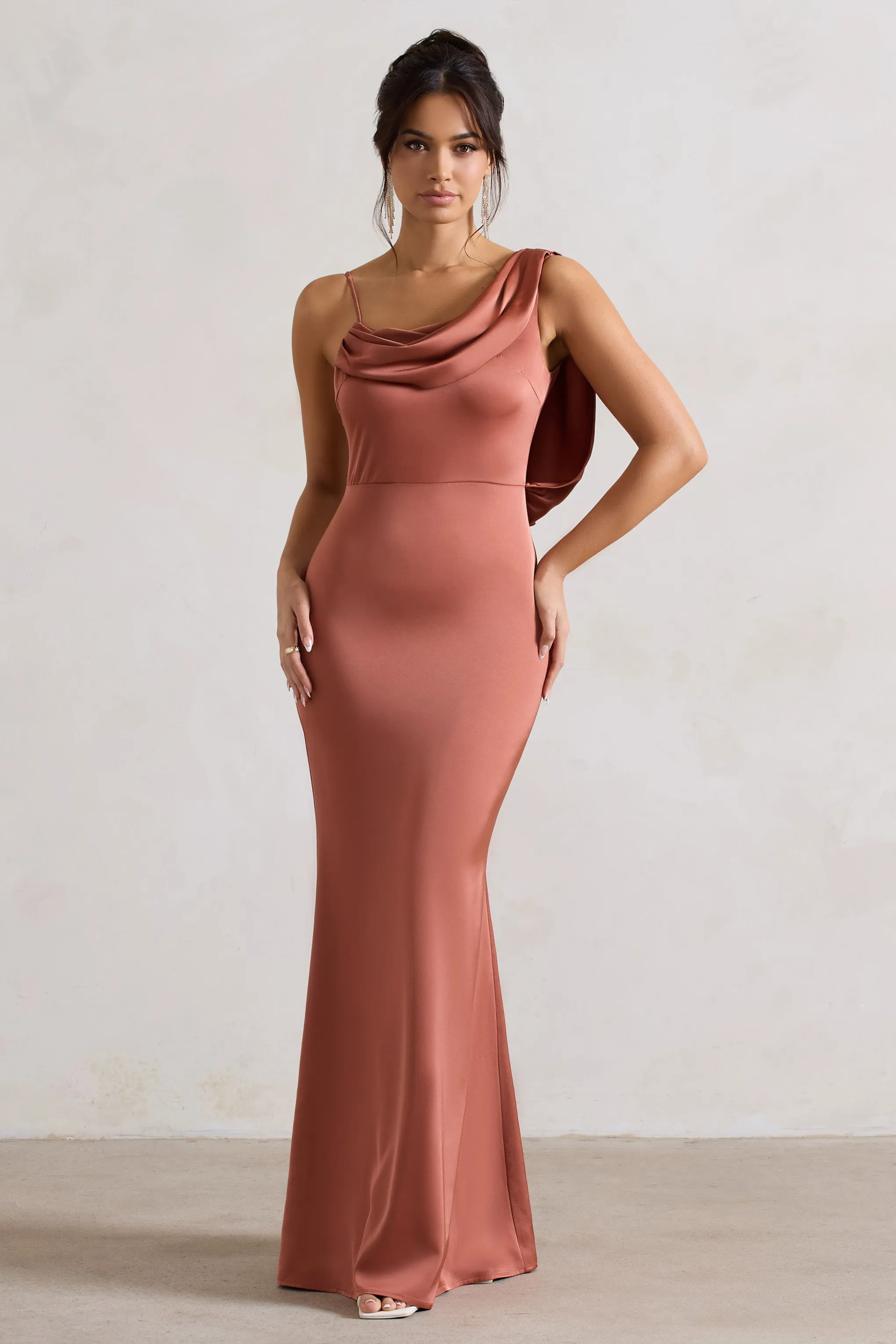 Wistful | Rust Satin Asymmetric Cowl-Neck Maxi Dress