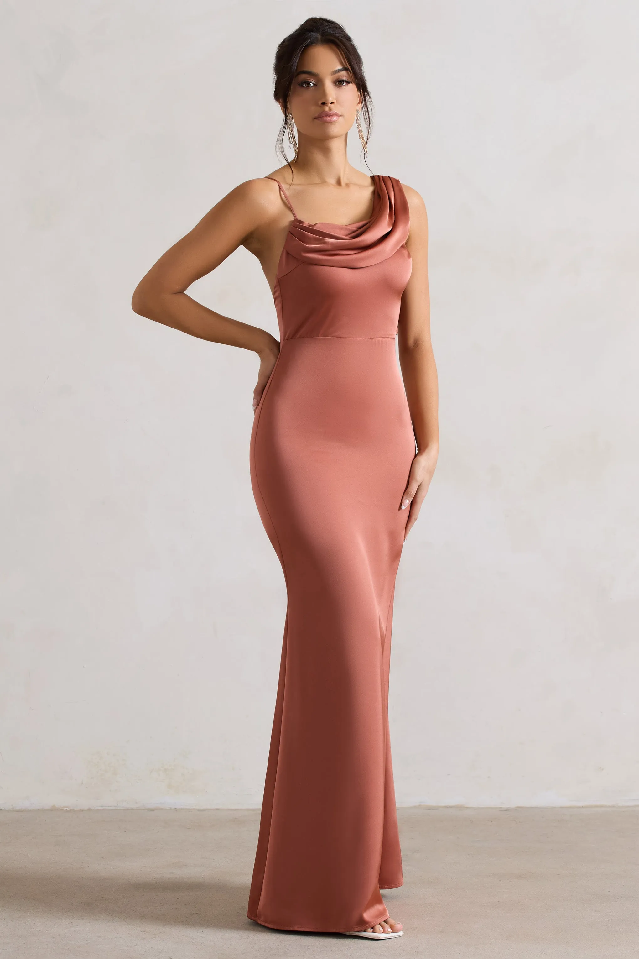 Wistful | Rust Satin Asymmetric Cowl-Neck Maxi Dress