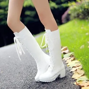 Women chunky platform criss cross lace up knee high boots