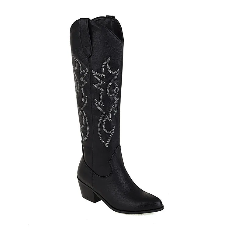 Women cowgirl boots | Knee high v cut chunky heel embroidery western boots