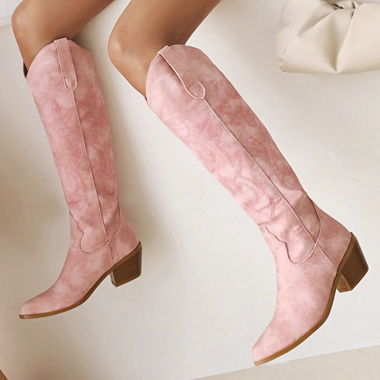 Women cowgirl boots | Knee high v cut chunky heel embroidery western boots