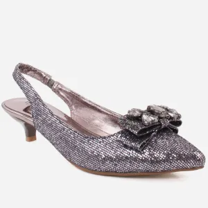 Women “JAY" Pointy Toe Shimmer Bow Slingback Kitten Heel Sandals