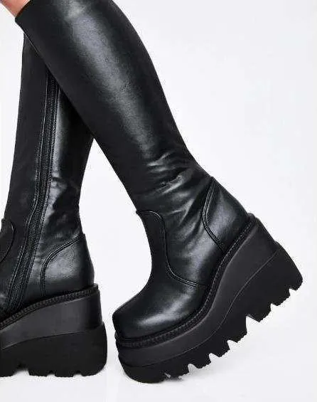 Women mid calf chunky platform fashion black boots