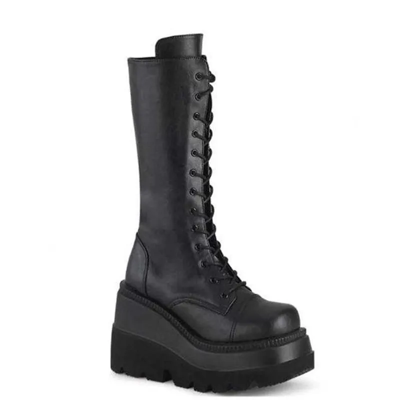 Women mid calf chunky platform fashion black boots