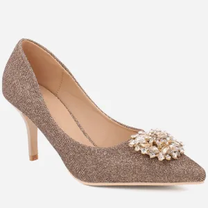 Women "BRIA" Embellished Brooch Slip On Stiletto Shimmer Court Shoes