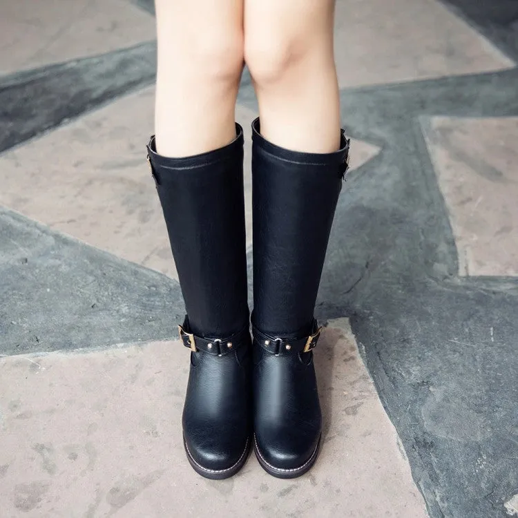 Women's Buckle Straps Block Heel Knee High Knight Boots