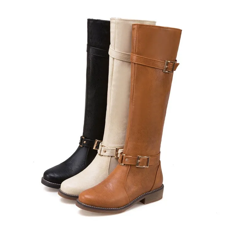 Women's Buckle Straps Block Heel Knee High Knight Boots