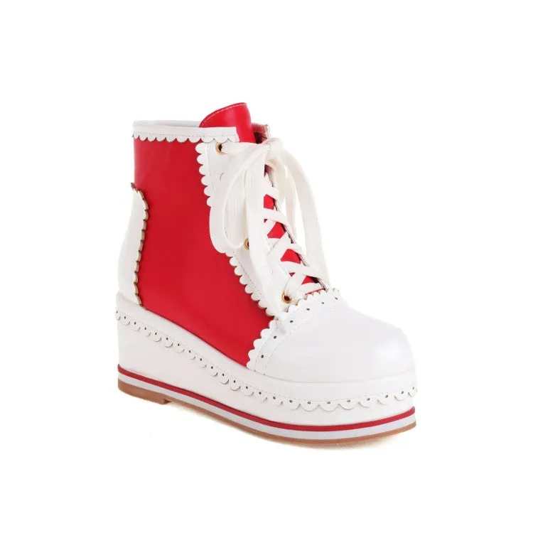 Women's Candy Color Lace Up Wedge Heel Platform Short Boots